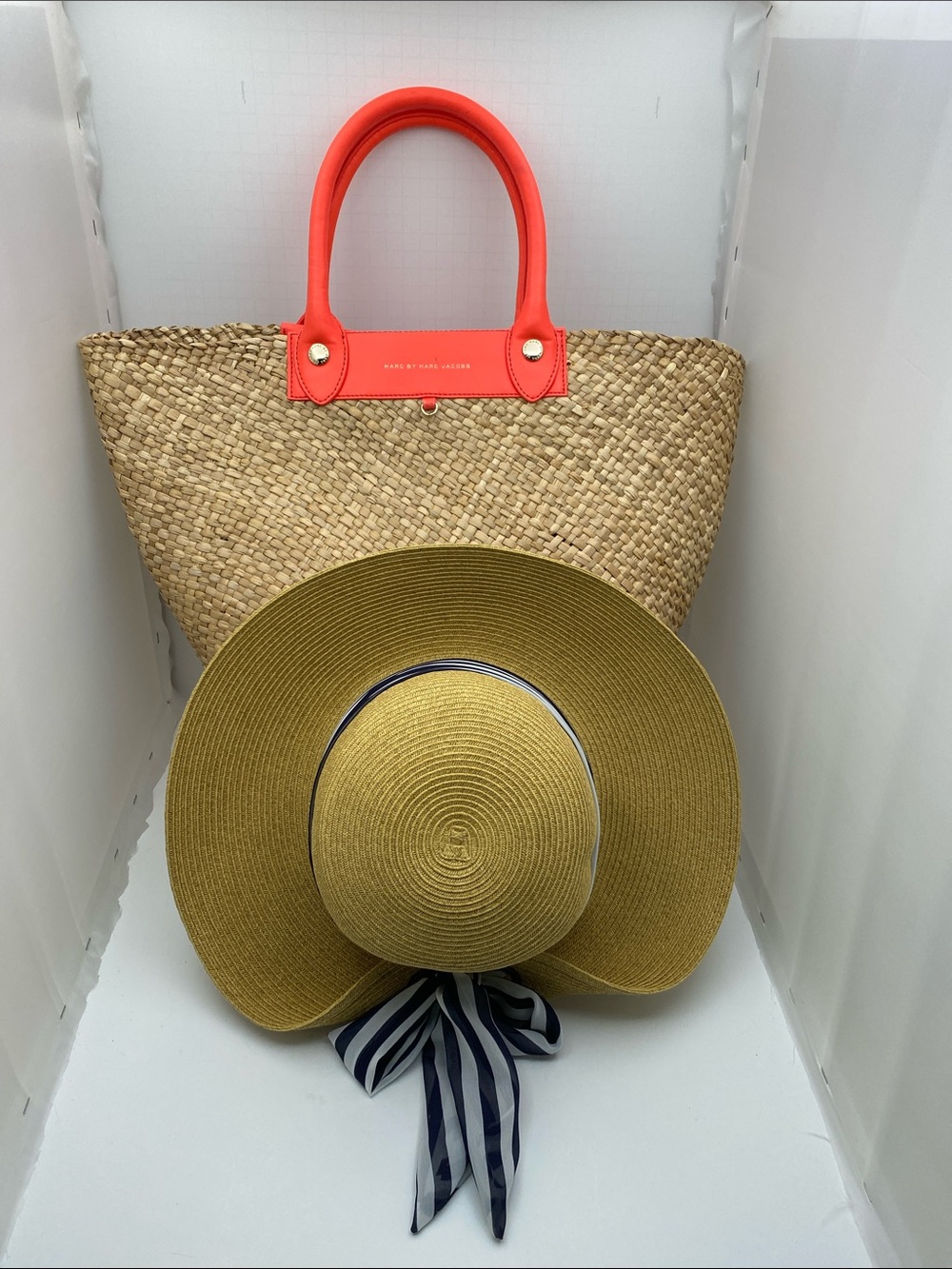 Straw Tote with Coral colored Handles & Wide-Brim Sun Hat